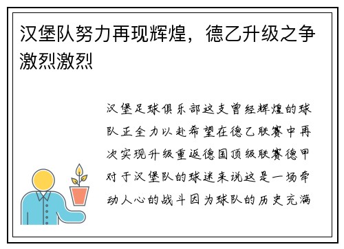 汉堡队努力再现辉煌，德乙升级之争激烈激烈